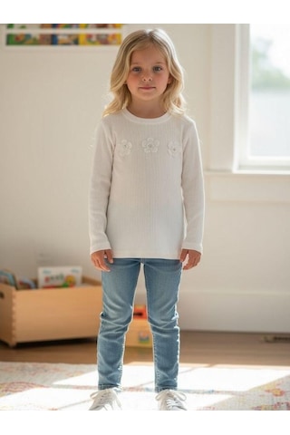 Zekids Kız Çocuk Çiçek Desenli Fitilli Uzun Kollu T-shirt-16385 Ekru