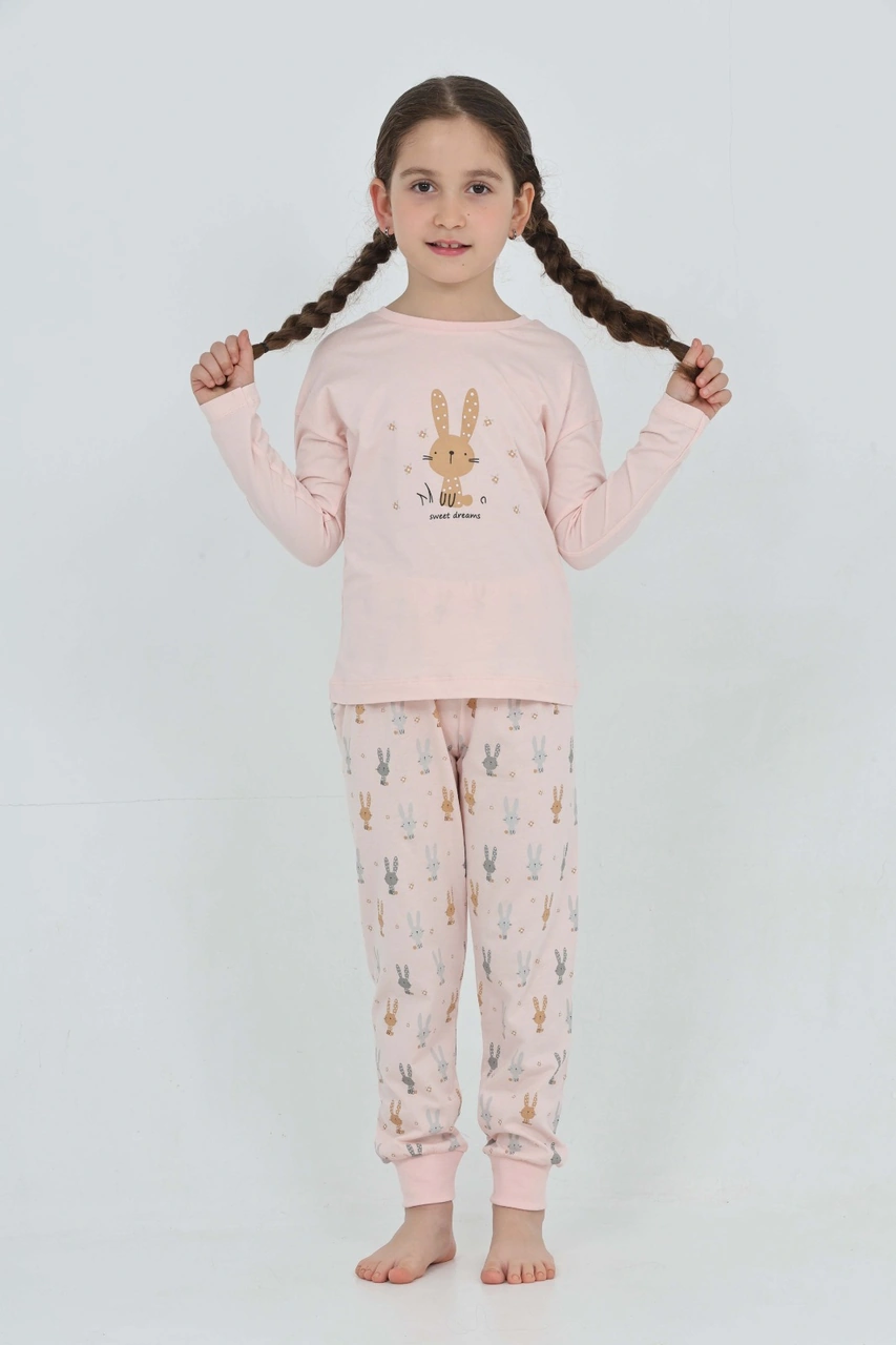 Toontoy Kız Çocuk Tavşan Baskılı Pijama Takım Pudra