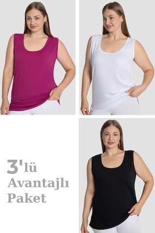 Floranova Özel Seri Çoklu Set Yumuşak Kumaş Ev Giyimi Kadın Pamuklu Büyük Beden Kalın Askılı Atlet 3'lü Paket Mor Beyaz Siyah