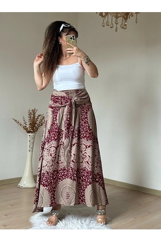 Azra Butik Otantik Desenli Etek Bordo