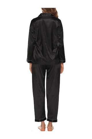 Kadın Pijama Takımı Uzun Kollu Çentikli Yaka Düğmeli Yumuşak Saten Pijama - Koyu Yeşil