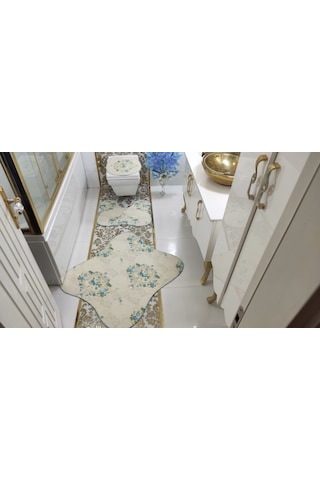 Rose Kelebek Banyo Halısı Klozet Takımı 3'Lü Set Krem
