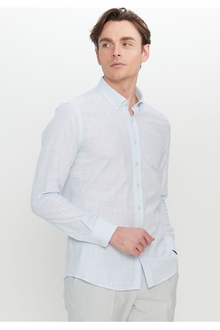 Ac Sports Erkek Mavı %100 Pamuk Slim Fit Düğmeli Yaka Armürlü Flamlı Gömlek Mavı