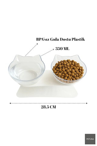 İki Hazneli Kedi Kafalı Beyaz Standlı Kedi Mama Ve Su Kabı 350 Ml
