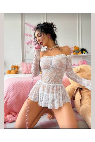 Intive Fantasy Tamamı Dantelli Transparan Asimetrik Kesim Mini Ge Beyaz
