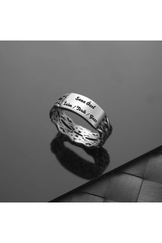 İpek Silver 925 Ayar Gümüş Motifli Üstü Kişiselleştirilebilir Erkek Yüzüğü Çok Renkli