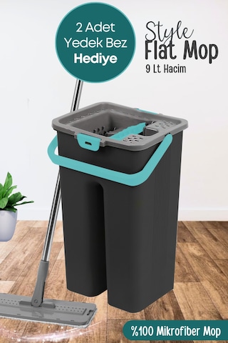Grimorlife Style Flat Mop Temizlik Kova Paspas Seti Siyah Renk 9 Litre+ 2 Adet Yedek Mop Bezi