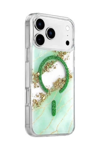 Onegif Apple Apple iPhone Uyumlu 17 Pro Max/18 Pro Max Lotus Simli Magsafe Kapak - Yeşil Düz Renkli