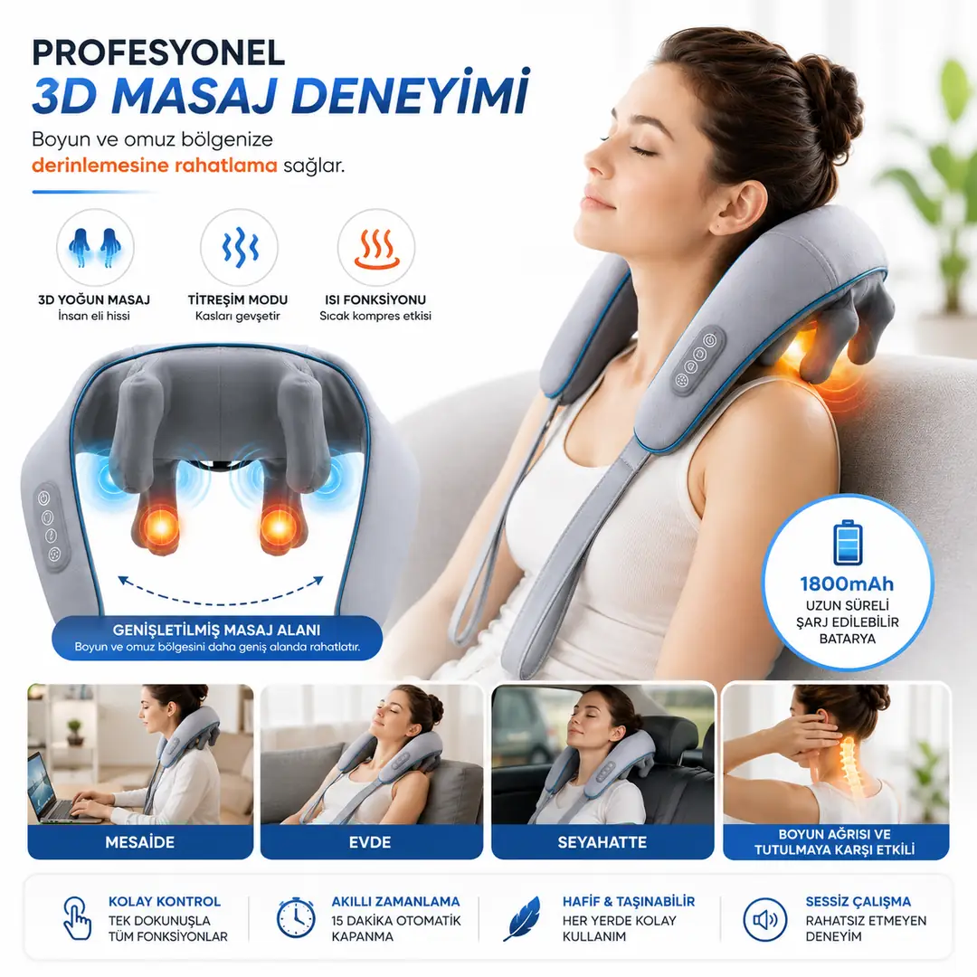 Titreşimli Omuz Ve Boyun Masaj Aleti Isıtıcılı 3d Yoğun Masaj Başlığı