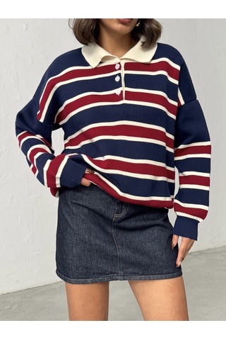 Kadın Polo Yaka Çizgili Triko Kazak Lacivert