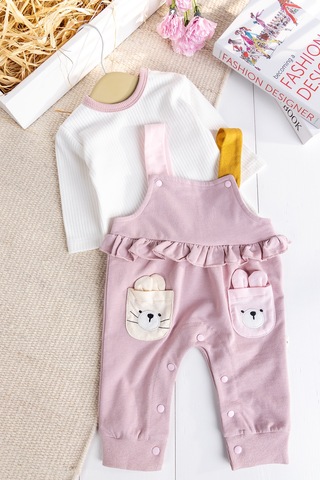 Baby Mod Tavşan Fiğürlü100% Pamuk Kız Bebek Salopet 2'li Tulum Gülkurusu