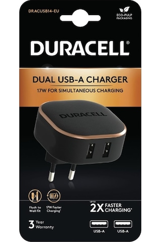 Duracell 17W 2XUSB Telefon/Tablet Şarj Cihazı Siyah