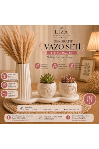 3 Lü Taş Tozu Dekoratif Vazo Seti Pampas & Sukulent Uyumlu El Yapımı Modern Set