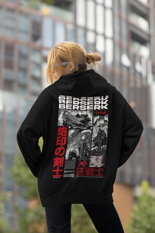Sevbano Berserk Baskılı Unisex Oversize Anime Hoodie Siyah