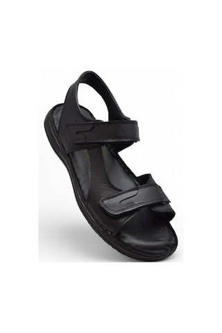 088 Topuk Jelli Tam Ortopedik Taban Hakiki Deri Erkek Sandalet Cırtlı Sandalet Siyah