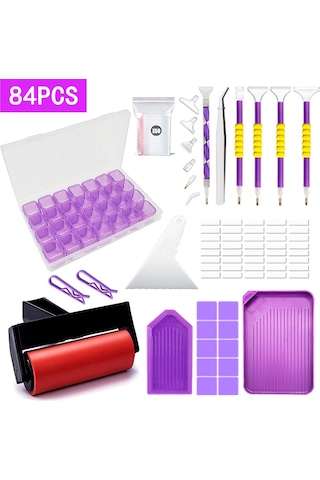 Mufunye Pürpur Renkli 28 Bölmeli Depolama Kutulu Elmas Boyama Aleti Seti - 46 Parça: Huni, Noktalama Kalemi, Reçine Ve Aksesuarlar
