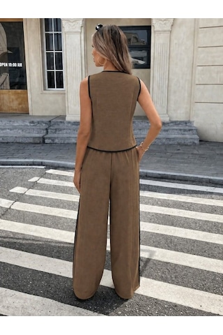 Efnaz Style Kadın Kolsuz Önü Düğmeli Yelek Ve Pantolon Ikili Takım Kahve