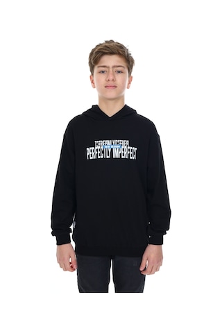 Toontoy Kids Toontoy Erkek Çocuk Oversize Kapüşonlu Hafif Düşük Omuz Baskılı Sweatshirt - 2 İplik Siyah