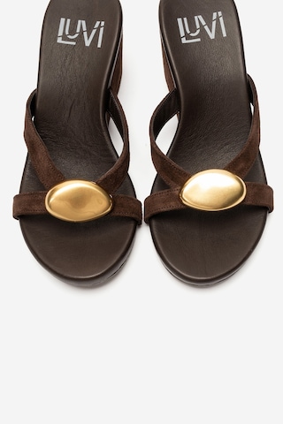 Luvi Shoes Caterına Kahverengi Süet Hakiki Deri Tokalı Kadın Dolgu Topuklu Terlik