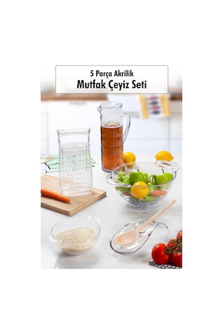 Akrilik Şeffaf 5 Parça Sürahi & Rende & Süzgeç & Mini Süzgeç & Kaşıklık & Mutfak Çeyiz Seti Şeffaf