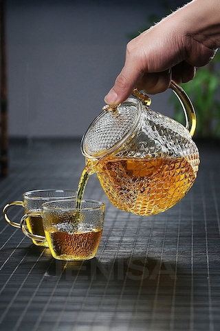 Modern Cam Demlik 550 Ml - Isıya Dayanıklı, Cam Süzgeçli Ve Altın Kulplu Çay Keyfi Şeffaf