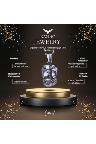 925 Ayar Gümüş Sakallı Kafatası Kolye, Gözlük Takmış El Yapımı Kafatası Pendenti, Cesur Erkek Takısı Gümüş