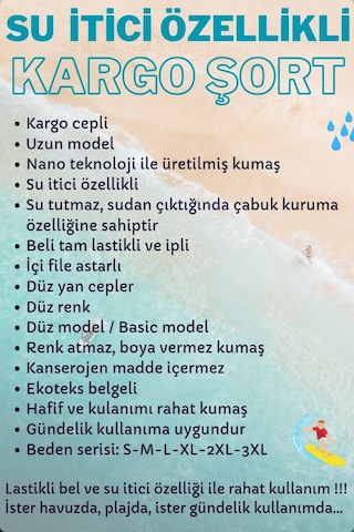 Miami Beach Siyah Kargo Cepli Uzun Model Su İtici Özellikli Düz Renk Erkek Plaj Deniz Şort - 444-siyah 001