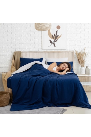 Tek Kişilik %100 Pamuk Ranforce Nevresim Takımı 160x220 Cm Lacivert Lastiksiz Çarşaflı Lacivert