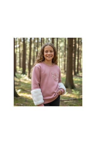 Fesshera Kids Kız Çocuk Sweatshirt Beyaz Sevimli Kalp Baskılı Peluş Kollu İnci Detaylı Pamuklu Sweatshirt Pudra