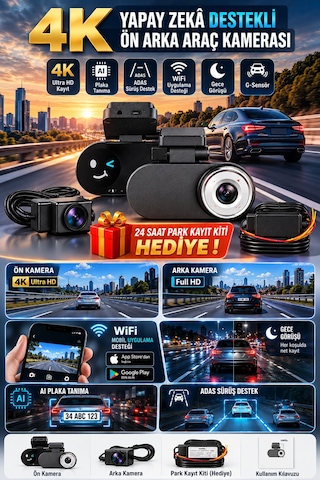 4k Yapay Zekâ Destekli Ön Arka Araç Kamerası + 24 Saat Park Kayıt Kiti Hediye, Wifi, Gece Görüşü-15117