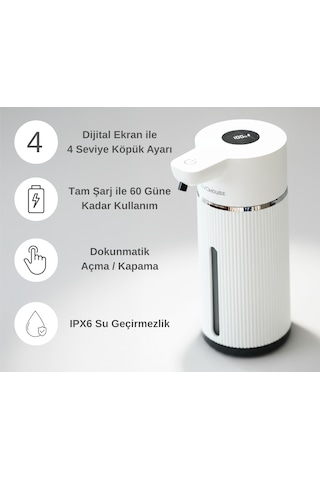 Evo House Otomatik Sensörlü Köpük Sıvı Sabunluk - Şarjlı- Dijital Led Ekran - Duvara Monte - E15 Model Beyaz