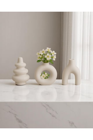 3 Lü El Yapımı Dekoratif Vazo Seti Beyaz