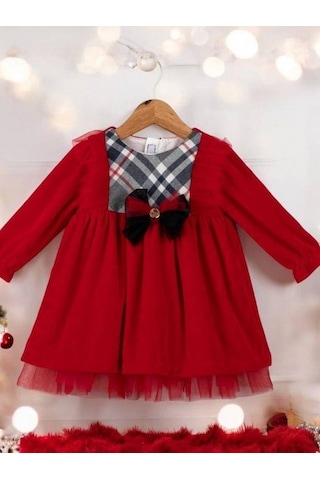 Cantoy Kız Bebek Ekose Desenli Kırmızı Kadife Tasarım Elbise-15221 Kırmızı