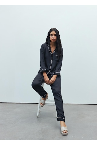 Amour Siyah Uzun Saten Pijama Takımı Siyah