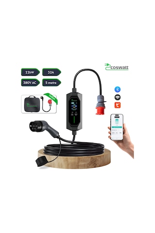 Elektrikli Araba Taşınabilir Şarj Cihazı 22 Kw / 32a / Tip-2 / 5x32a Fiş / Trifaze / 5m / Çantalı / Ev Tipi Dönüştürücü Kablolu 22 Kw