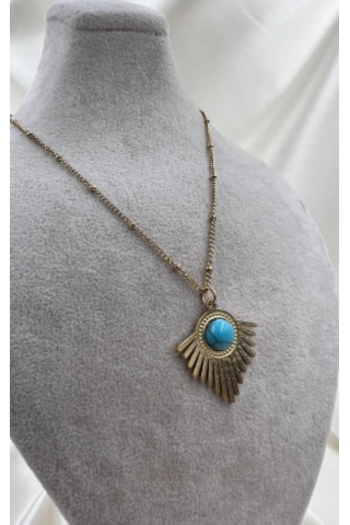 Bb Çelik Firuze Taşlı Vintage Kolye Altın - Mavi