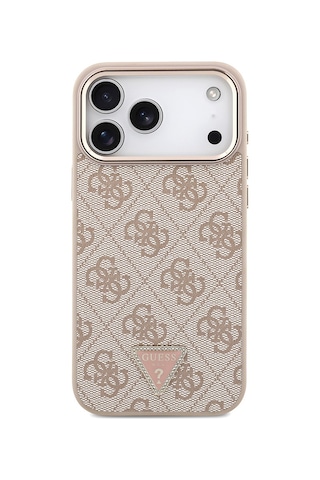 Apple Uyumlu iPhone 17 Pro Max Kılıf Guess Lisanslı M-safeli Taşlı Üçgen Logo 4g Desenli Kapak Pembe Pembe