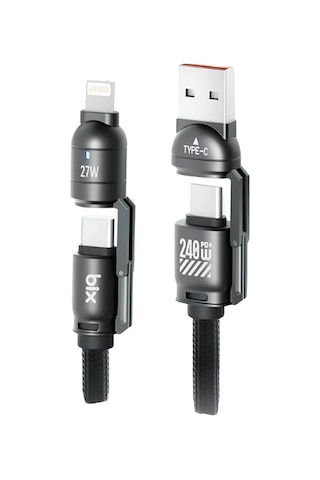 Bix 240w Usb-a Ve Usb-c Ve Lightning Çok Fonksiyonlu Askı İpli Premium Örgü 1.5 Metre Yüksek Hızlı Şarj Ve Veri Kablosu Siyah