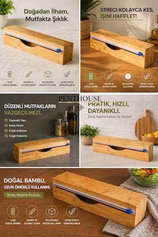 Bambu Streç Film Kesme Kutusu 33 Cm Tek Bölmeli Pratik Kullanım Alüminyum Folyo Ve Pişirme Kağıdı Uyumlu Açık Bej