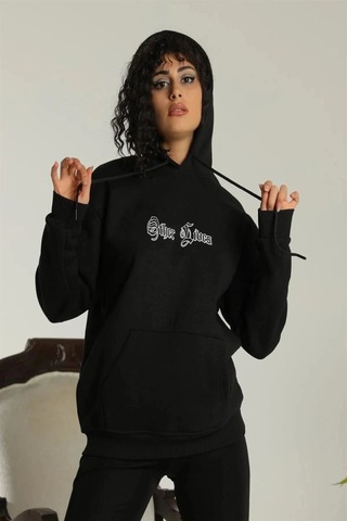 Mbb E-ticaret Kadın Oversize Kapüşonlu Cepli Baskılı 3 İplik Pamuklu Hoodie Sweatshirt - Siyah
