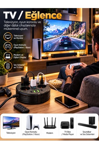 4'lü Akım Korumalı Çoklu Priz 2200w 1050j 2 Usb 2 Type-c 10a 2m Sarılabilir Kablolu 0.2 M