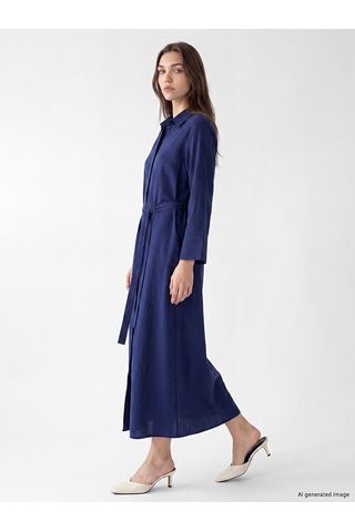 Lcw Modest Lacivert Beli Kuşaklı Modal Karışımlı Gömlek Elbise