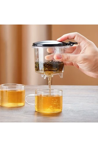 Özel Üretim Cam Demdelik Tezgah Üstü Çay Aleti Otomatik Basmalı Demlik 900 Ml Şeffaf