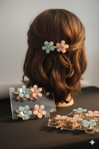 Çiçek Şeklinde Metal Toka, Metal Klipsli Renkli Çiçek Toka 4 Adet Mavi - Pembe