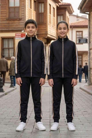 Pina Kids Erkek Çocuk Dik Yaka Üç Şeritli Şardonlu Dalgıç Eşofman Takımı Bej - Siyah