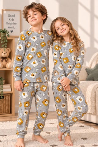 Free Beka Sevimli Desenli Bisiklet Yaka %100 Pamuklu İnterlok Kumaş Kız Ve Erkek Çocuk Uzun Kollu Pijama Takımı Gri