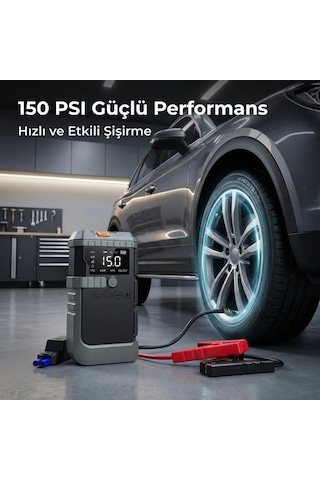 Akü Takviyeli Lastik Şişirme Hava Kompresörü, 150 Psı Güçlü Hava Basıncı, 12000 Mah Uzun Şarj Ömrü, Akü Ju