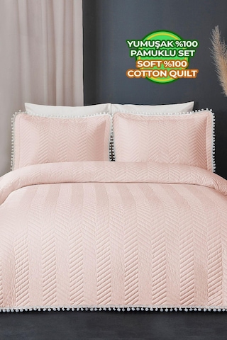 Evlen Home Ollie %100 Pamuk Yatak Örtüsü Pike Takımı Çift Kişilik Ponponlu Kapitone Günlük Pudra