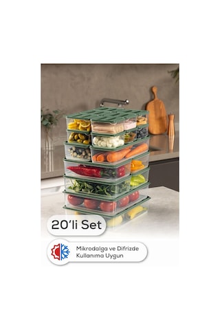 Vienev 20li Buzdolabı Dondurucu Organizer Ve Saklama Kabı Yeşil 12x 350ml 4x 1,75lt 2x 1,65lt 2x 3,5lt Yeşil