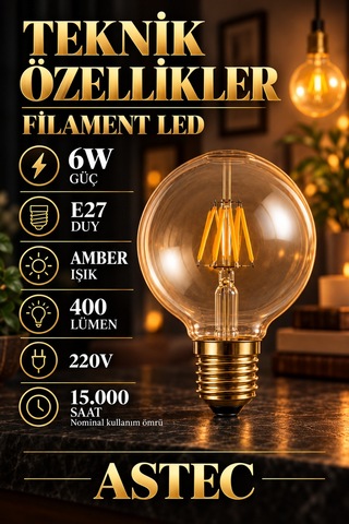 Astec E27 Glop 6 Watt Filament Ampul Amber Işık Dekoratif Filament Led Tombul Ampul